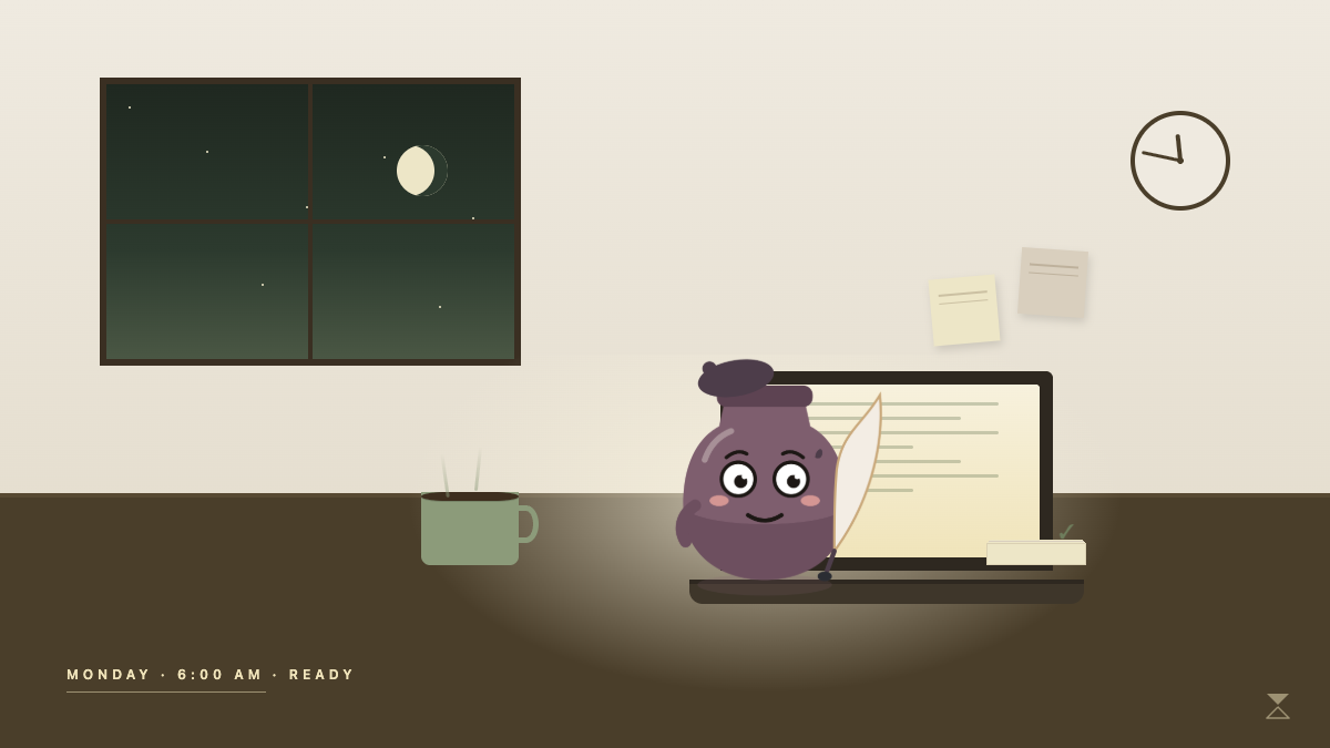 Quill the AI Content Manager sitting at a glowing laptop late at night — content ready by Monday morning.