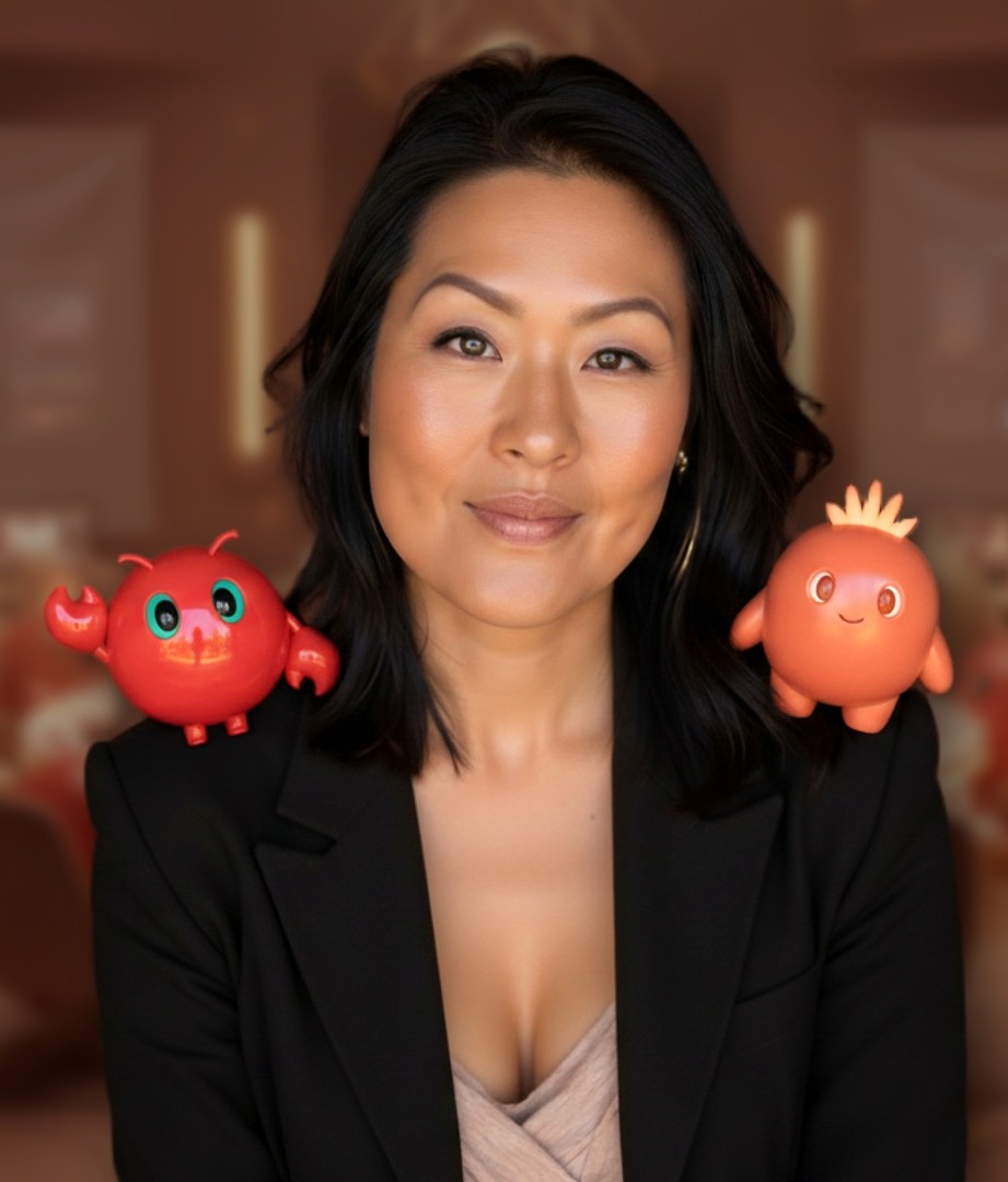 Elfina, founder, with her AI operators on her shoulders